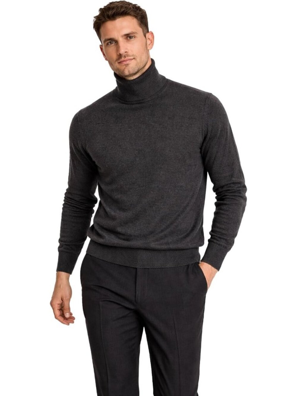 Cozy Merino Wool Men's Knit Turtleneck Sweater - Long Sleeve Roll Neck Pullover